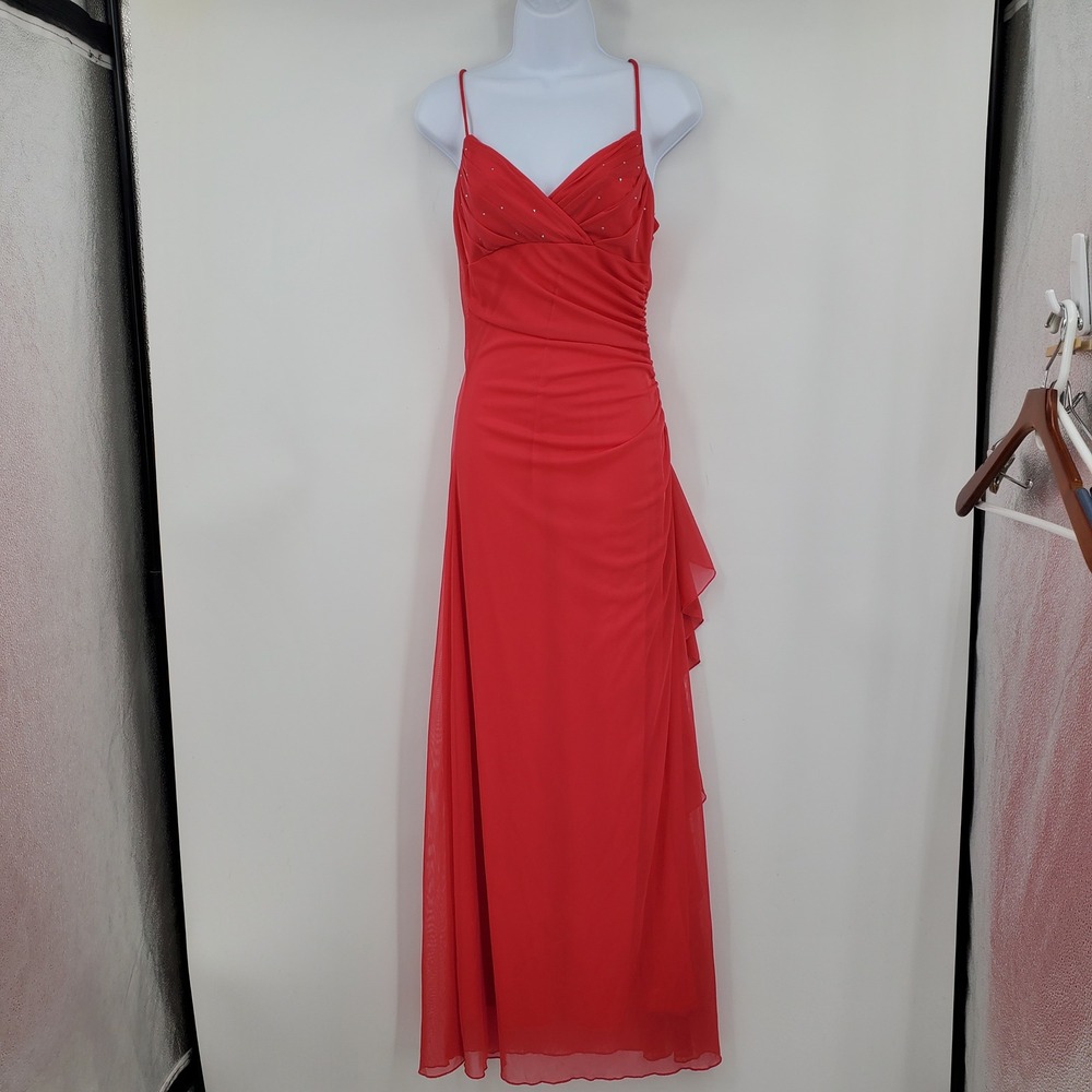 Vintage 90s City Triangles Rhinestone Ruched Ruffle Maxi Dress M Y2K Fairy Prom